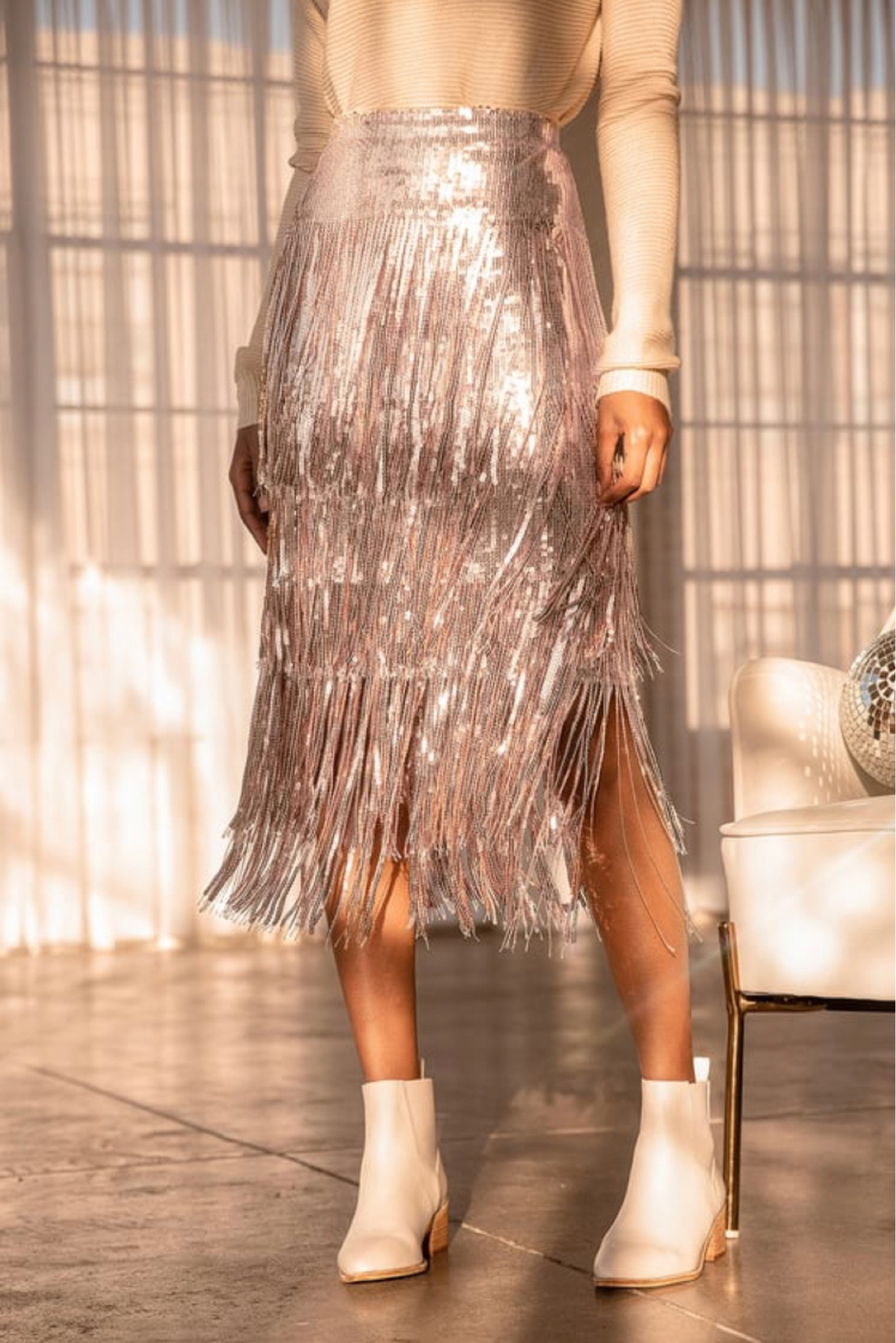 Most Radiant Rose Gold Sequin Fringe Midi Skirt