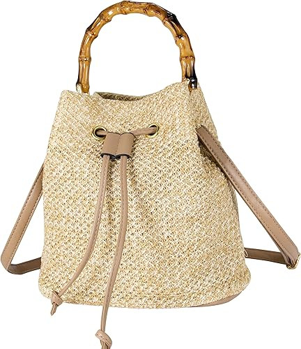 Hirooms Women Beach Bag Straw Woven Shoulder Bag Crossbody Bucket with Bamboo Handle Drawstring H... | Amazon (US)