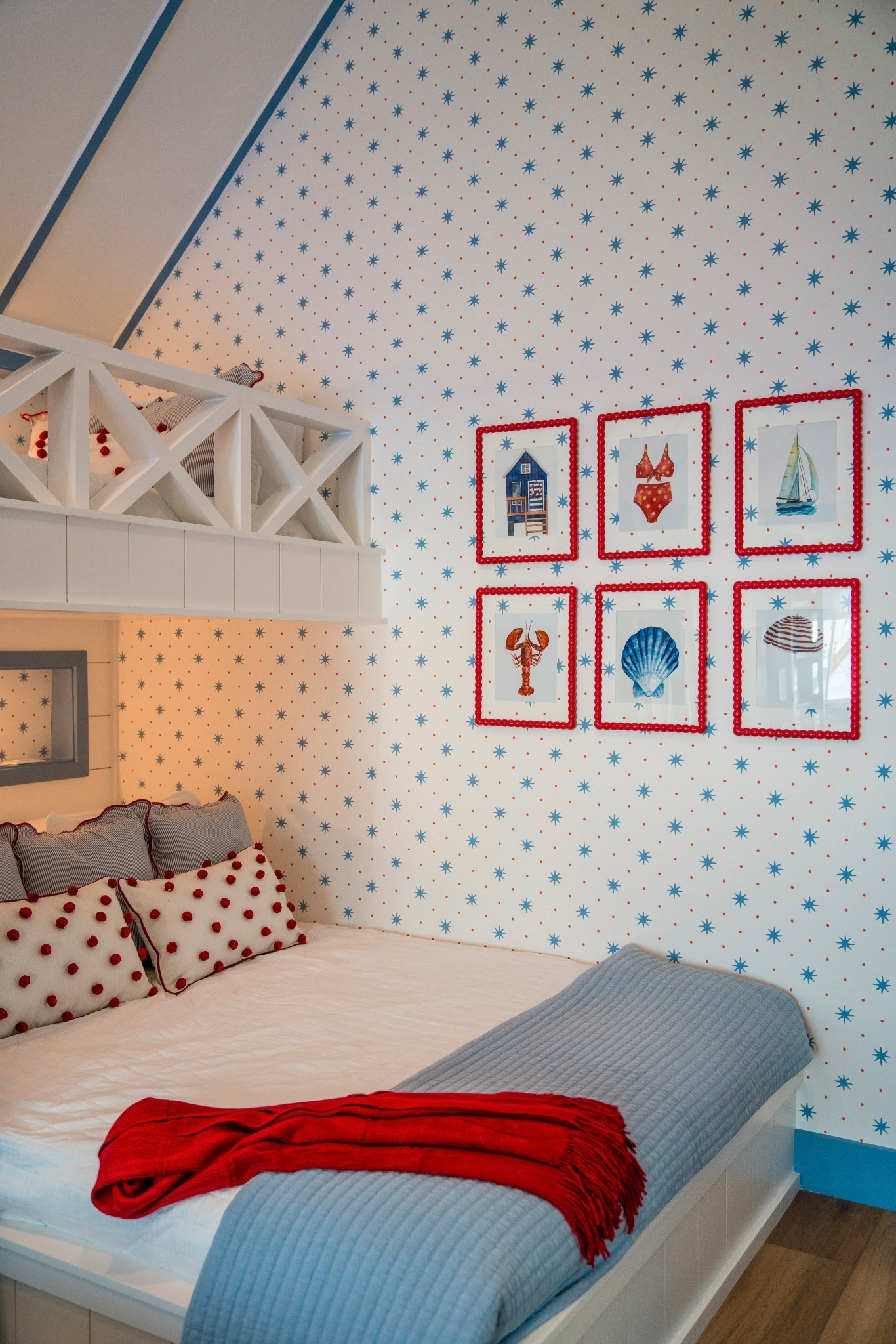 Red, white, & ready for sleepovers! 🇺🇸 
6 bunks, bold wallpaper, and the sweetest little niches. Designed for memory-making, one sleepover at a time. 🌊

#LTKHome #LTKSeasonal #LTKKids