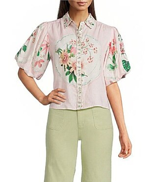 A Loves A Floral Print Linen Blend Collared Neck Short Bubble Sleeve Button Front Shirt -  L | Dillard's