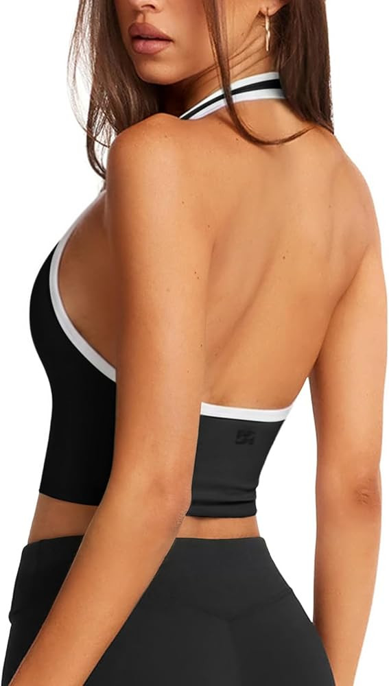 Halter Workout Top for Women: Open Back Sports Bra Color Block Tops with Built in Bra Yoga Gym Cr... | Amazon (US)