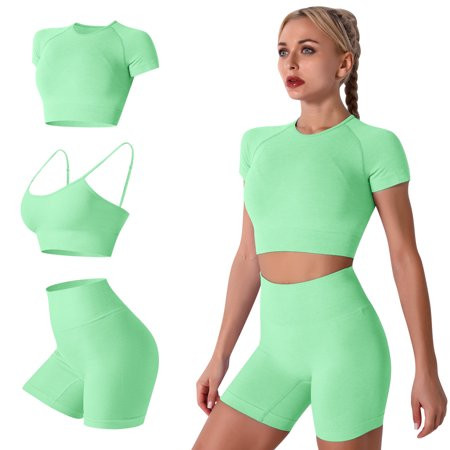 Women s Yoga Workout Outfits 3 Piece Sets Seamless High Waist Running Shorts with Padded Sport Bra a | Walmart (US)