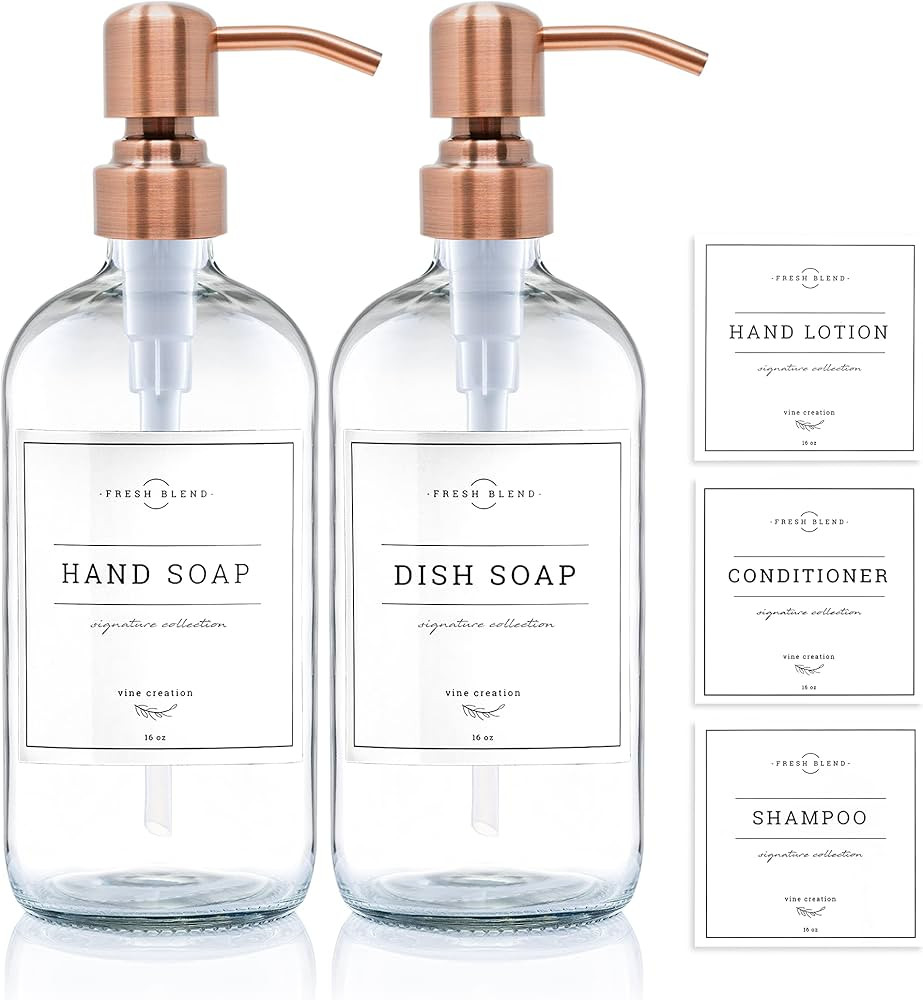 Vine Creations Clear Glass Soap Dispenser 2 Pack, Thick 16oz Bottles Rustproof Stainless Steel Pu... | Amazon (US)