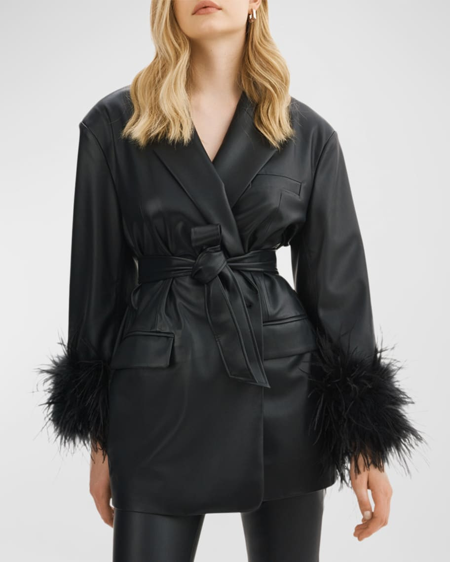 LaMarque Galia Feather-Trim Belted Faux-Leather Blazer | Neiman Marcus