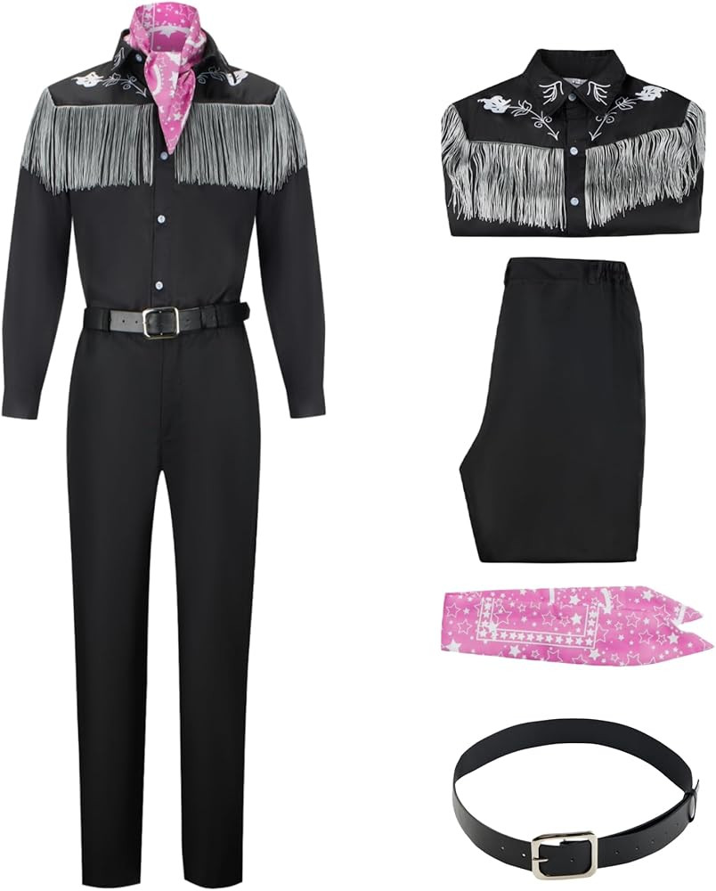 Adult Black Cowboy Costume Western Fringe Shirt Set Halloween Disco Cosplay with Scarf for Men | Amazon (US)