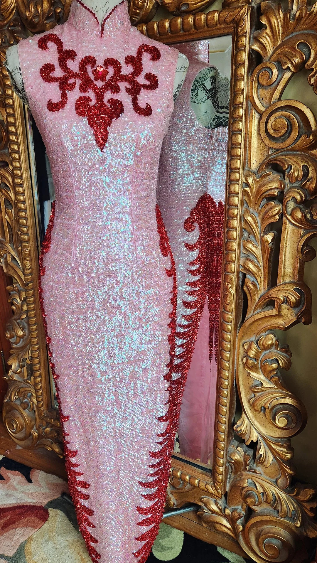 Vintage Pink and Red Irridescent Sequin and Beaded Long Showgirl Cheongsam Gown - Etsy | Etsy (US)