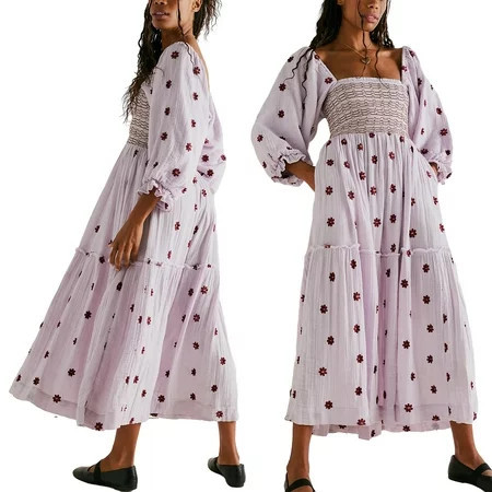 Women Puff Sleeve Embroidered Maxi Dress Square Neck Floral Flowy Long Dress High Waist Flower Tiered A Line Dresses | Walmart (US)