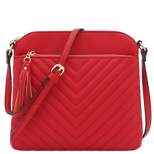 FashionPuzzle Chevron Quilted Medium Crossbody Bag with Tassel Accent (Red) | Amazon (US)