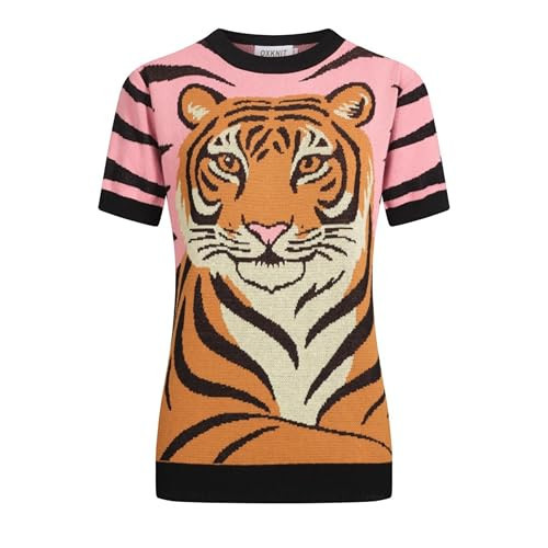 OXKNIT Knit T-Shirts for Women, Retro Tiger Pattern Short Sleeve Shirts Casual Crewneck Blouses Summer Tees Black Pink | Amazon (US)