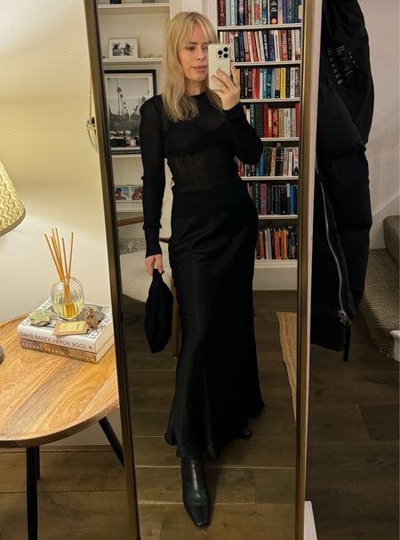 Black satin maxi skirt, all black outfit, evening outfit, Toteme boots, st Agni bag, bon Bon bag, diish long sleeve sheer top, dinner outfit, date night outfit 

#LTKstyletip #LTKSeasonal #LTKeurope