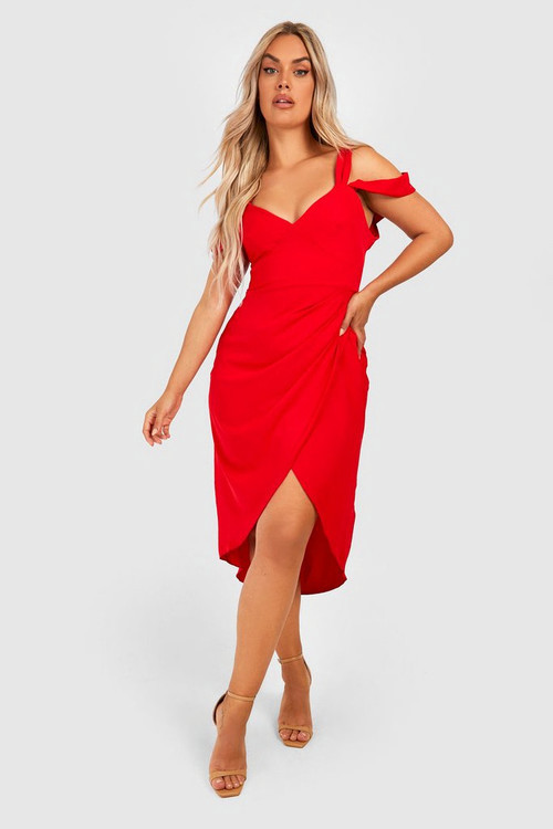 Plus Premium Satin Cold Shoulder Wrap Dress | Boohoo.com (US & CA)