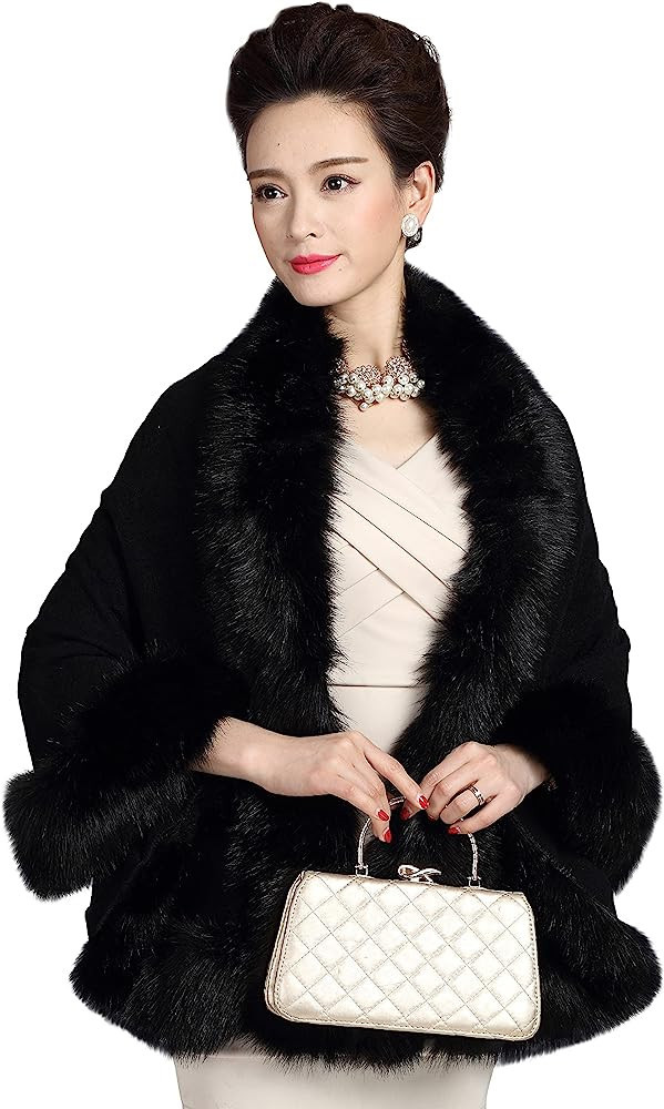 ELFJOY Luxury Bridal Faux Fur Cashmere Wool Shawl Cloak Cape Wedding Dress Party Coat for Winter | Amazon (US)