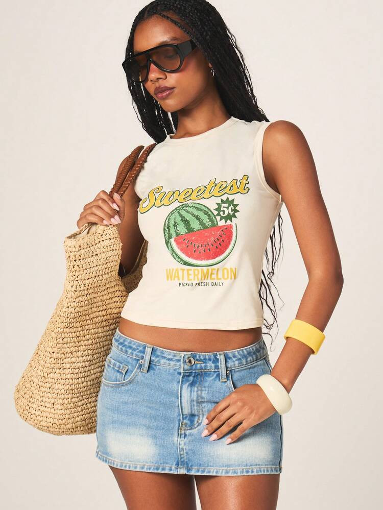 MISSGUIDED Sweetest Watermelon Graphic Tank Top With Vintage Inspired Fruit Print And Crew Neckline For Summer Casual Wear | SHEIN