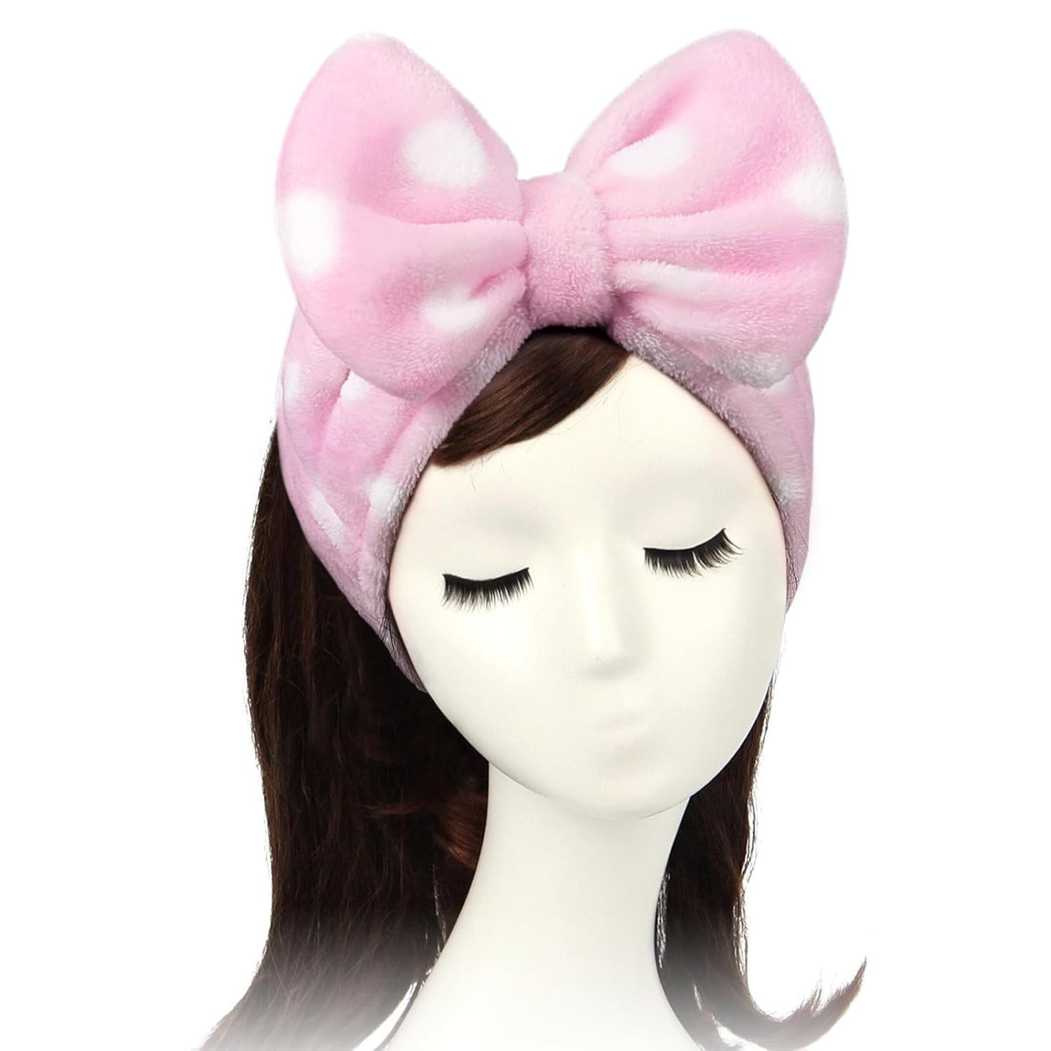 Women Fashion Lovely Soft Carol Fleece Bowknot Bow Makeup Cosmetic Shower Elastic Hair Band Hairlace Headband (Pink Polka dots) | Amazon (US)