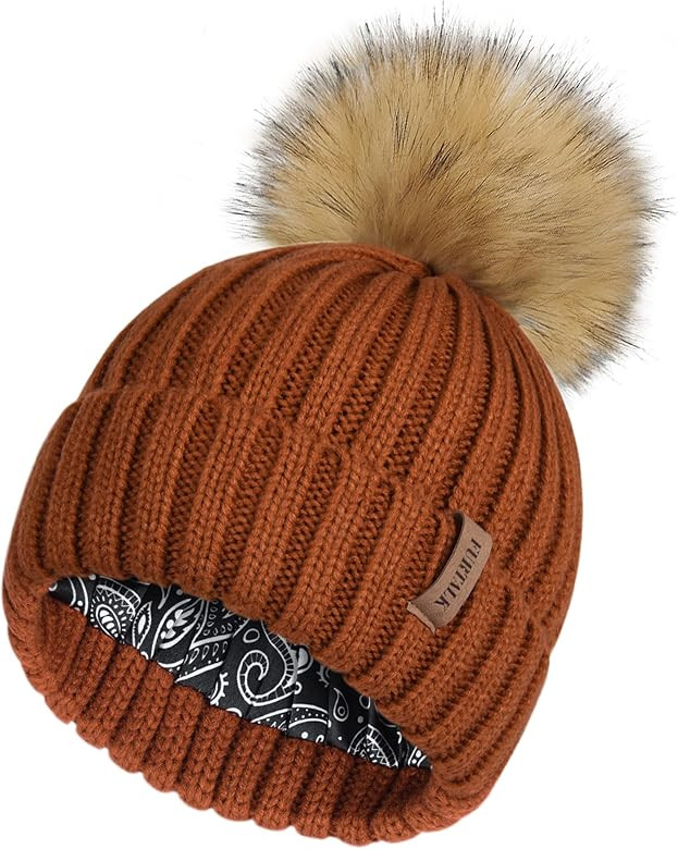 FURTALK Womens Winter Beanie Hat Satin Lined Faux Fur Pom Pom Beanies Hat for Women Winter Warm K... | Amazon (US)