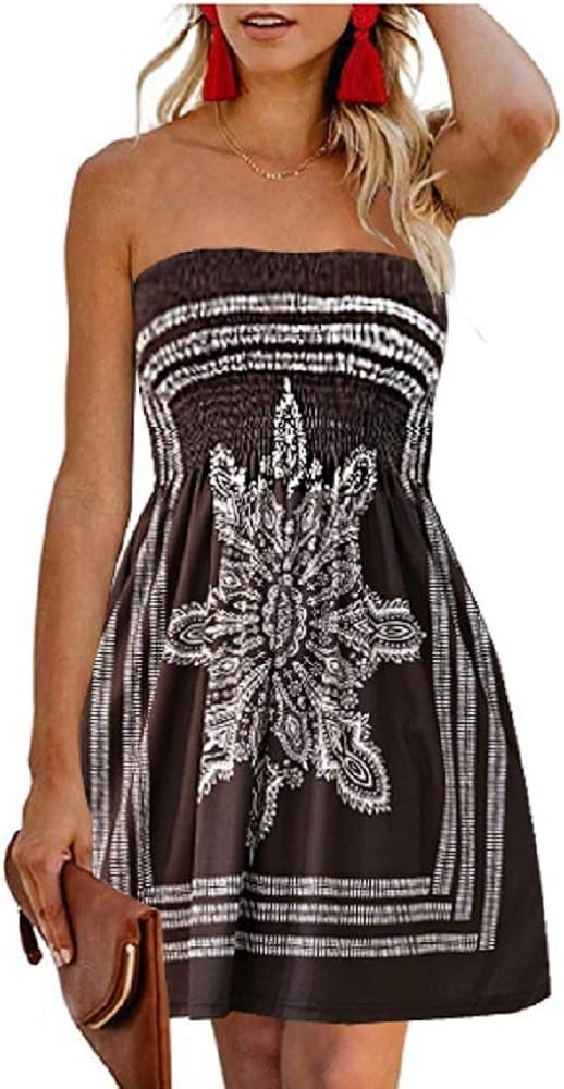 CHICGAL Women's Beach Dresses Summer Cover Up Boho Strapless Floral Print Sundress | Amazon (US)