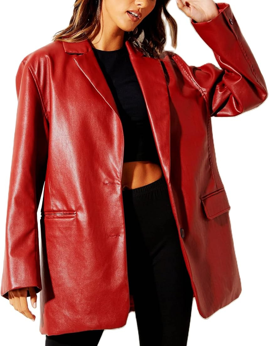 Women's Faux Leather Jacket-Long Sleeve Black Jacket with Fake Pockets Casual Blazer Jackets | Amazon (US)