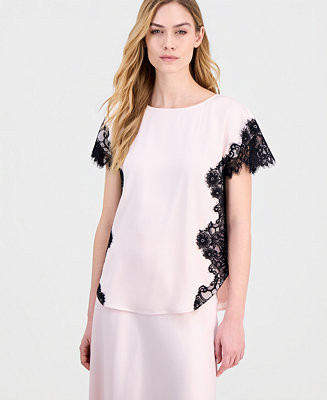 Women's Short-Sleeve Lace-Trim Satin Top | Macy's