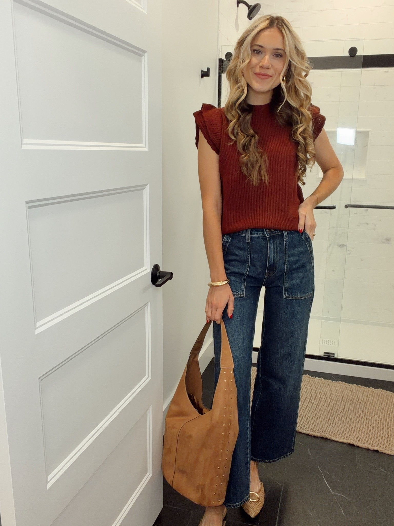 @Walmart This rust ruffle-sleeve top from Walmart is such a good pop of color for fall 🍂 Paired it with dark wash wide-leg jeans, a studded leather bag, and woven flats for an easy everyday outfit. Linking below!

True to size, small, 5’8.5” for reference.

#LTKootd #LTKSeasonal #LTKWorkwear