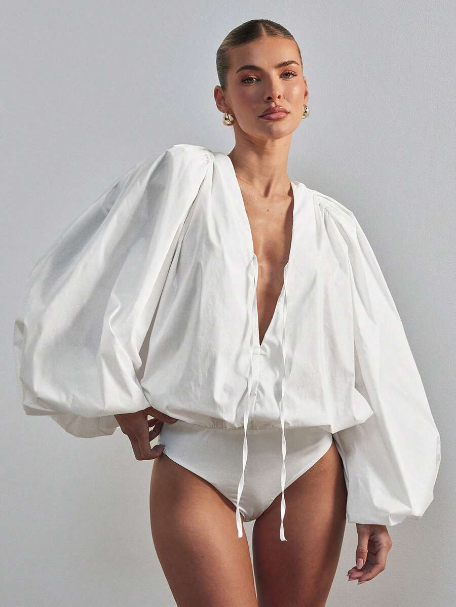 Hauture Women's White Summer Elegant Party Night Bodysuit,Volume Balloon Long Sleeve Deep V N... | SHEIN