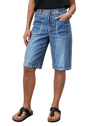 Flamingals Women\u2019s High Waist Denim Bermuda Shorts Drawstring Stretchy Summer Trendy Denim S... | Amazon (US)