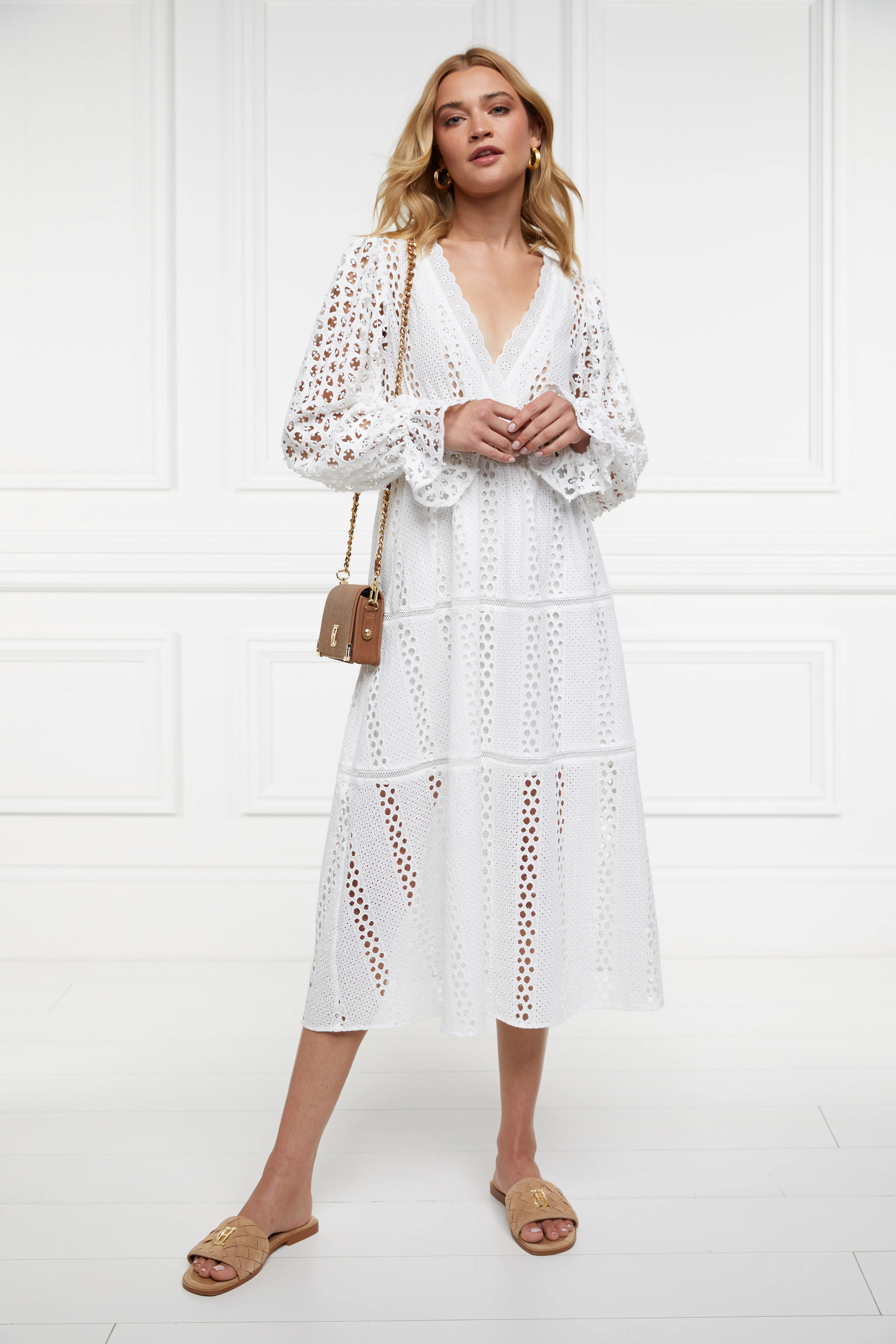 Broderie Lace V-Neck Midi Dress (White) | Holland Cooper