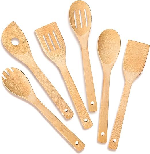 IOOLEEM Cooking Utensil Set (6, Natural Bamboo), wooden spoons for cooking, spatula set, wooden u... | Amazon (US)