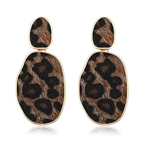 Leopard Print Earrings Lightweight Geometric Faux Leather Drop Dangle Earring Statement Animal Print Stud Earring for Women (black leopard) | Amazon (US)