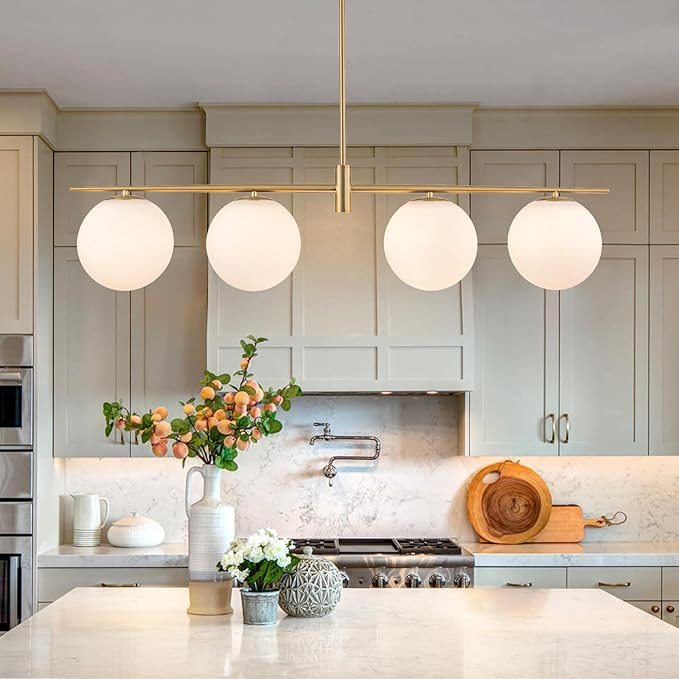 45.3" Modern Linear Chandelier 4-Lights Milk Glass Globe Linear Pendant Light Fixture Brushed Gol... | Amazon (US)