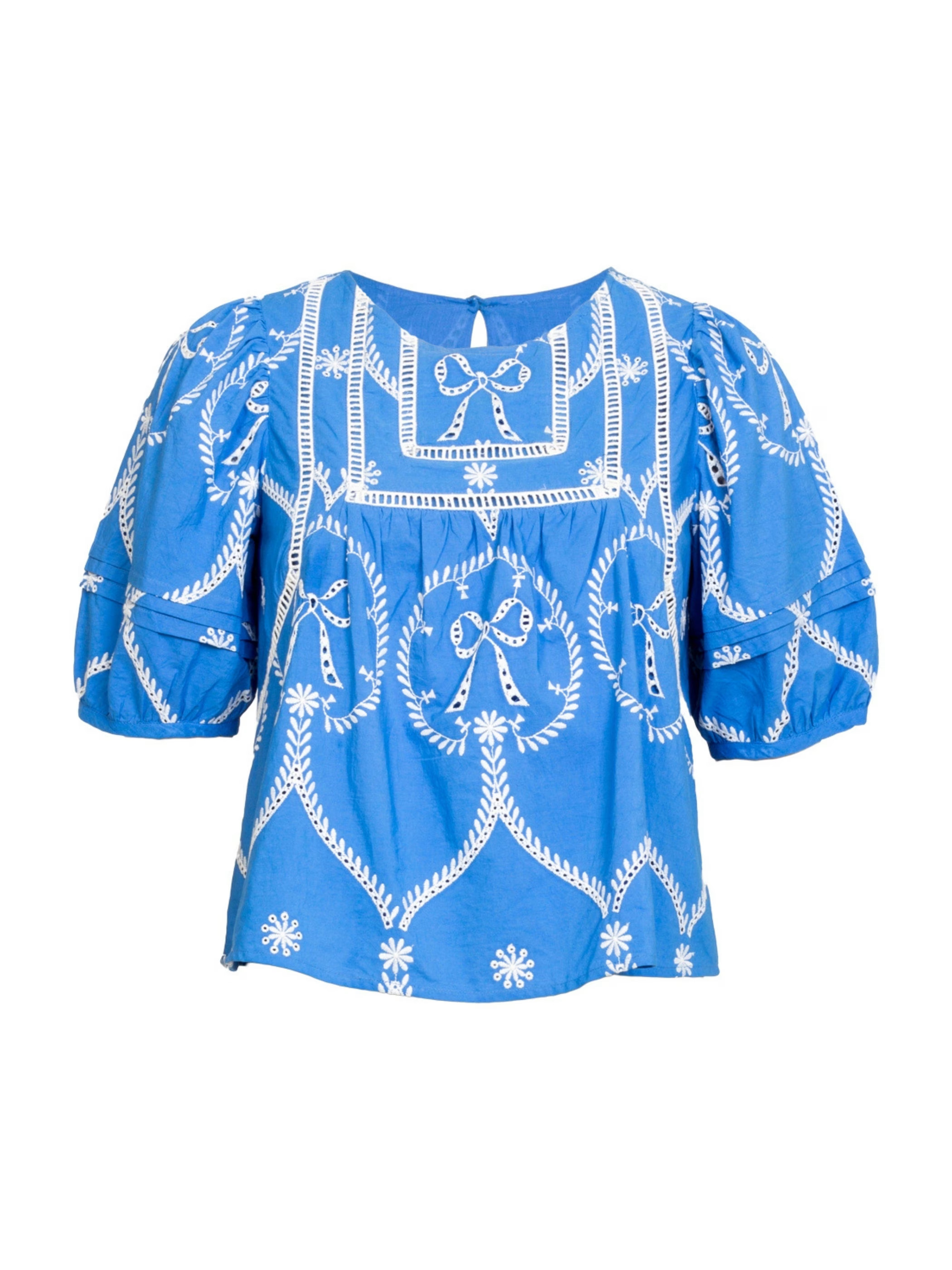 Charlie Embroidered Bow Blue Blouse | Wolf & Badger