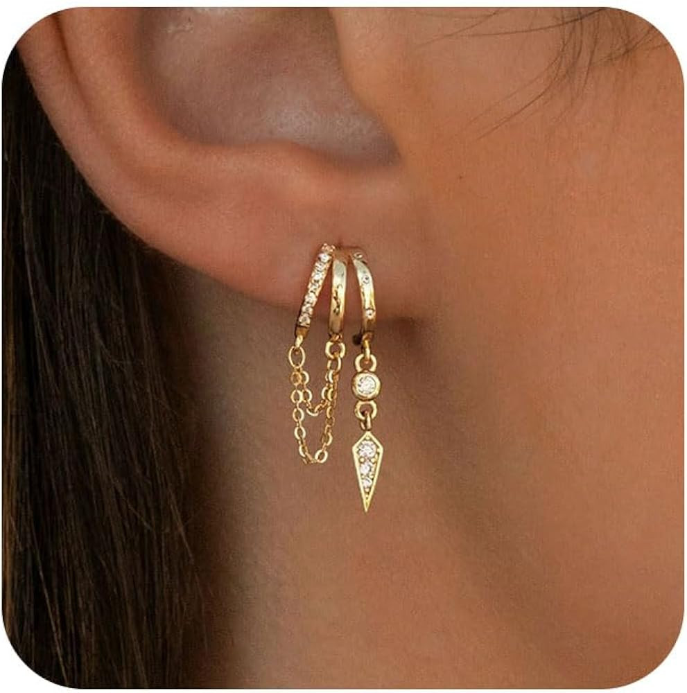 Dangle Earrings For Women,Dainty 14K Gold Plated Hypoallergenic Small Triple Huggie Hoop Earring ... | Amazon (US)