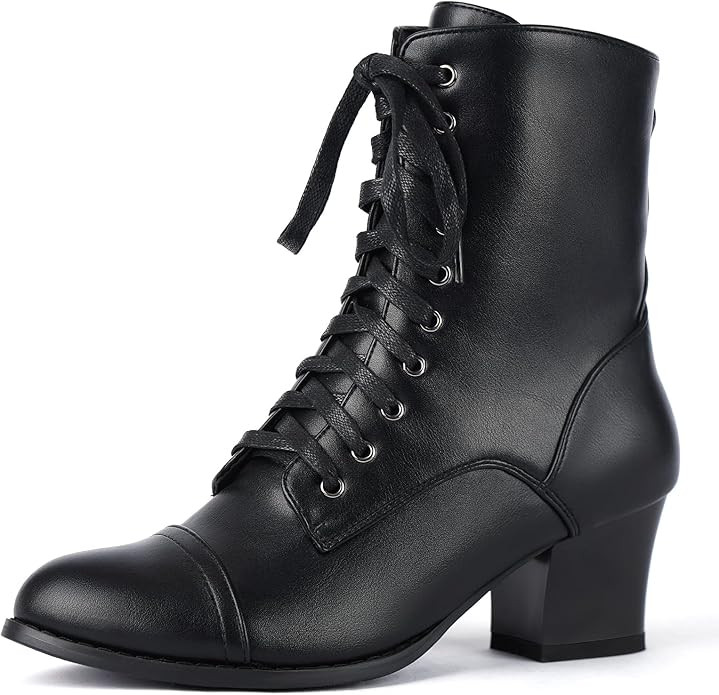 Black Short Ankle Boots Lace Up for Women Side Zipper Victorian Booties Block Chunky Mid Heel | Amazon (US)