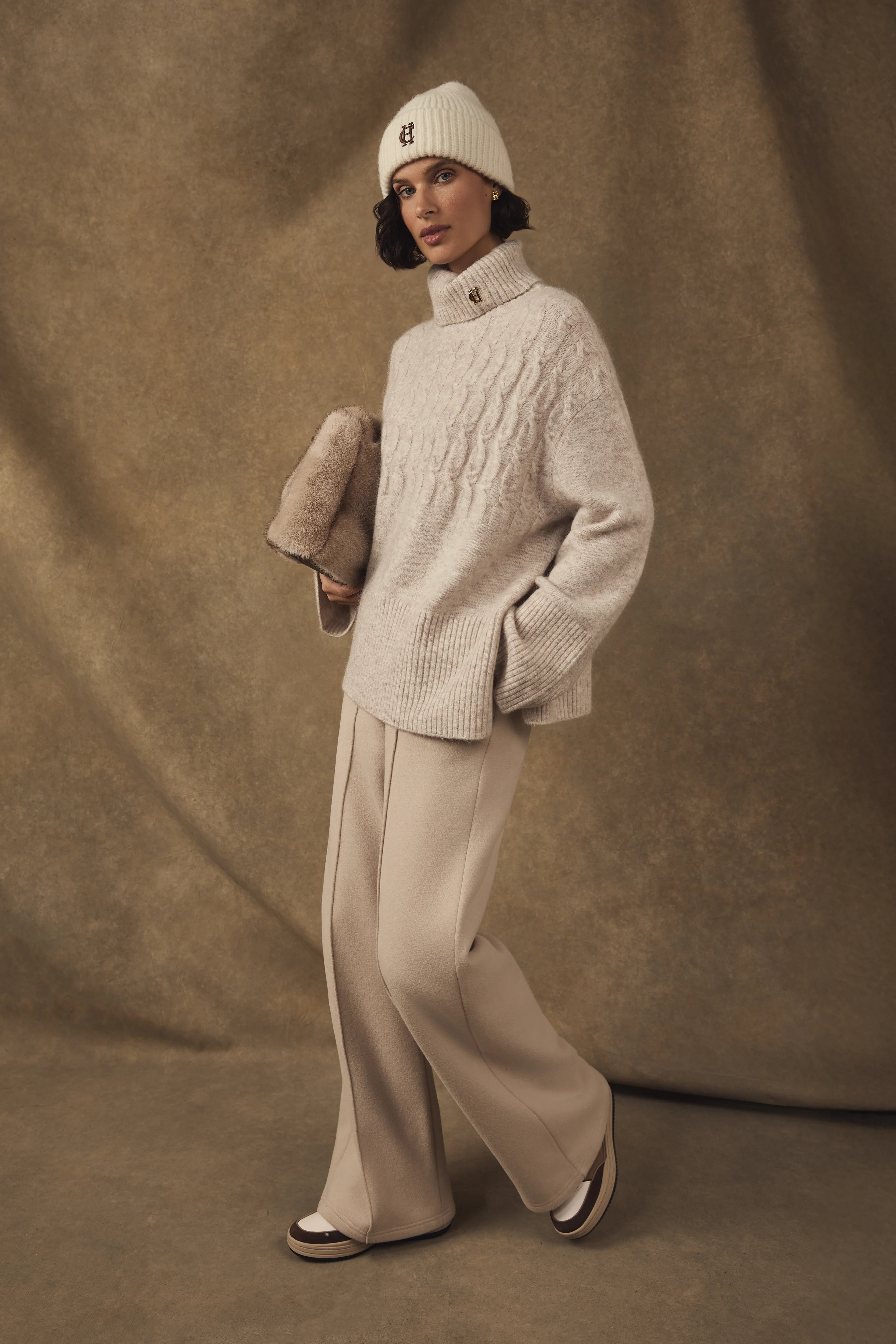 Antonia Cable Roll Neck Knit (Barley) | Holland Cooper