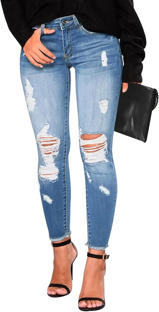 KUNMI Women's Skinny Ripped Trendy Jeans Distressed Stretchy Denim Pants | Amazon (US)