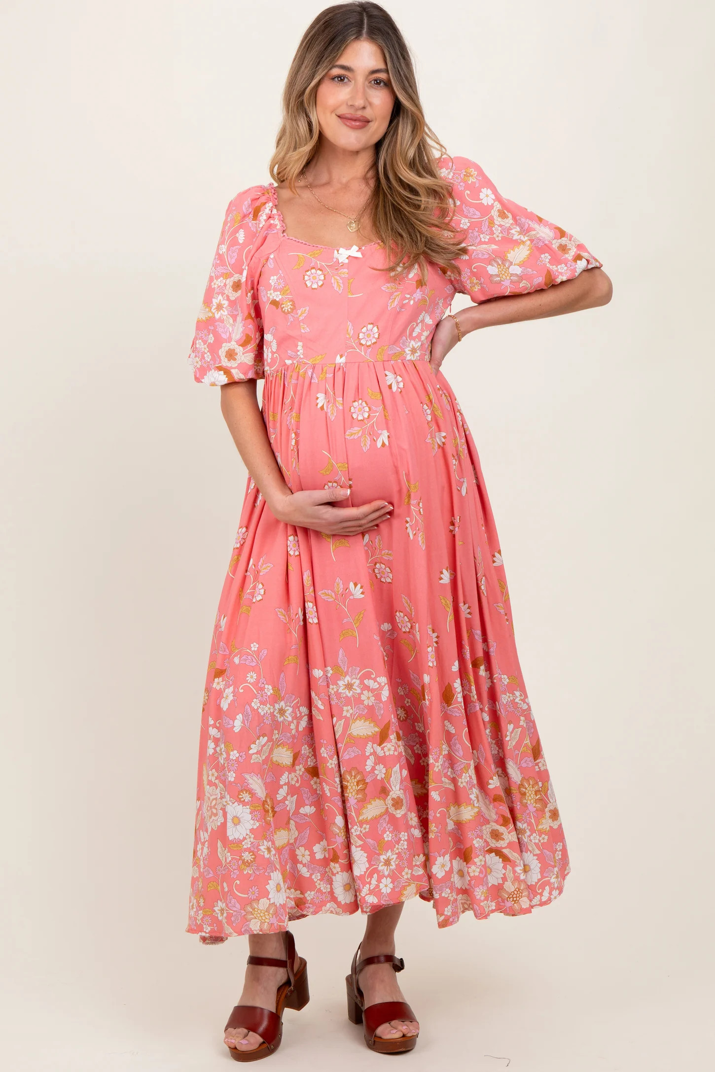 Pink Floral Print Puff Sleeve Maternity Maxi Dress | PinkBlush Maternity