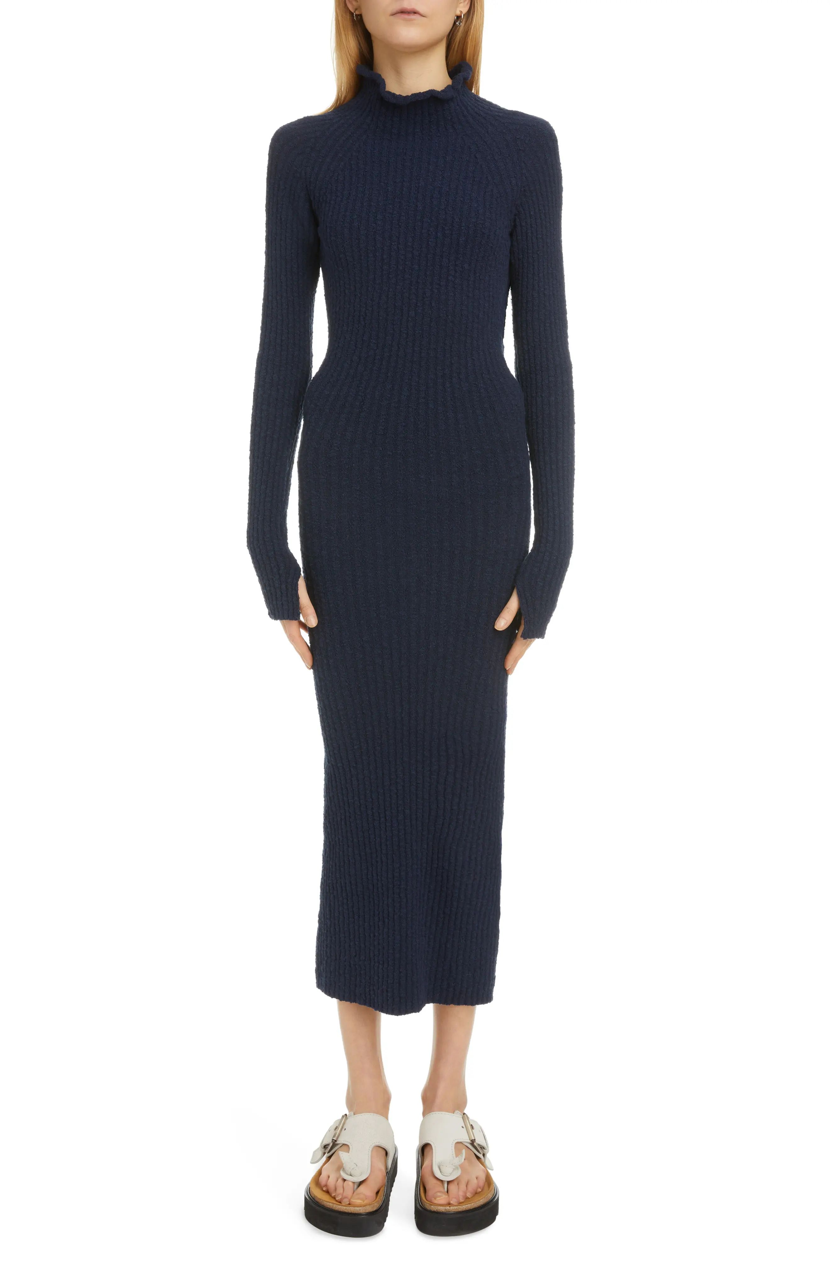Acne Studios Kennice Ribbed Long Sleeve Slub Midi Sweater Dress in Navy Blue at Nordstrom, Size X-Sm | Nordstrom