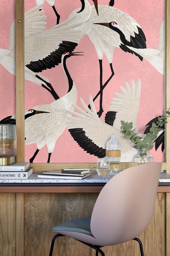 Pink Heron Print Wallpaper, Asian Birds Wall art, Popular Design Wall Decor, Vintage Crane Remova... | Etsy (US)