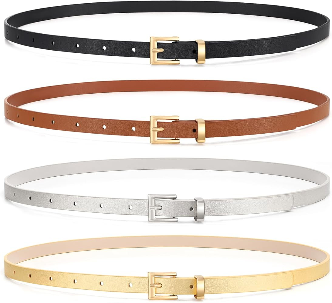 WHIPPY Set of 4 Women Skinny Leather Belt Thin Waist Belt with Metal Buckle for Pants Jeans Dre... | Amazon (US)