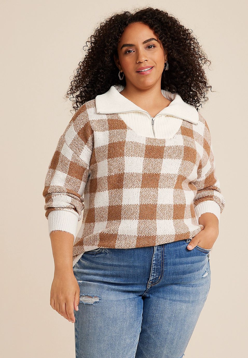 Plus Size Buffalo Plaid Quarter Zip Sweater | Maurices
