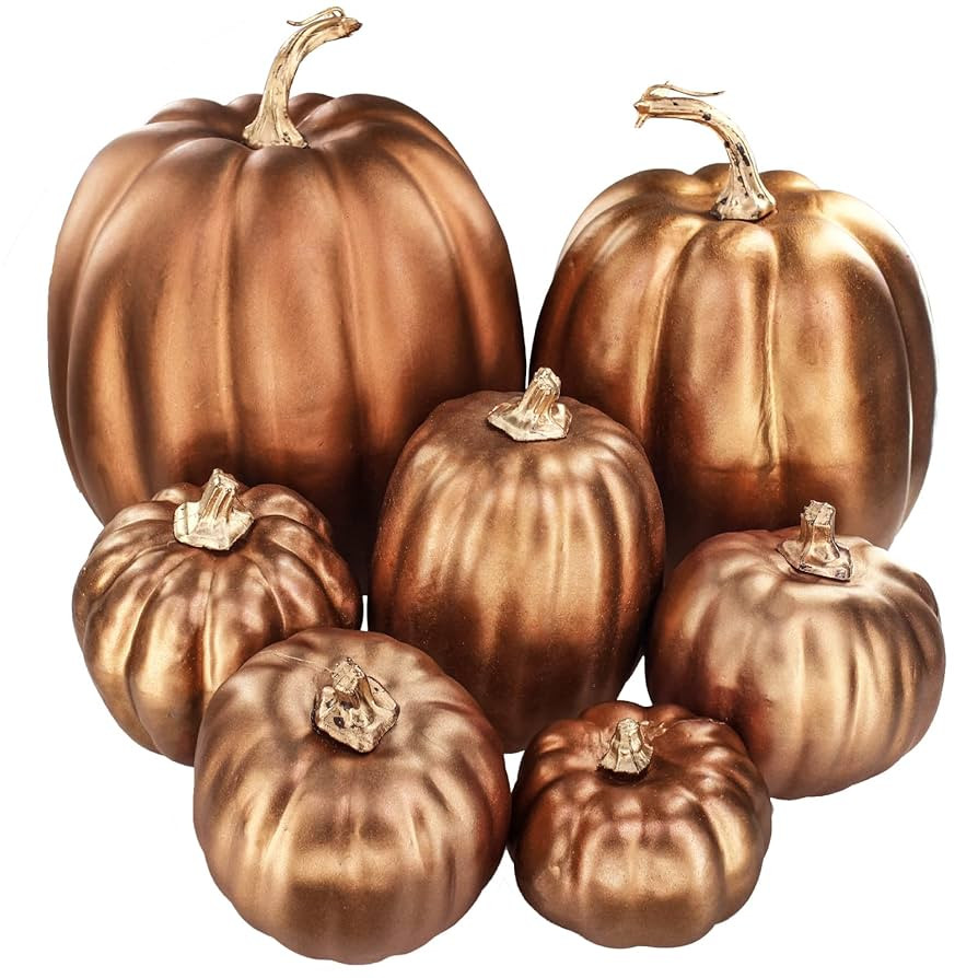 Winlyn 7 Pcs Assorted Sizes Artificial Metallic Bronze Pumpkins Rustic Decorative Fall Foam Pumpk... | Amazon (US)
