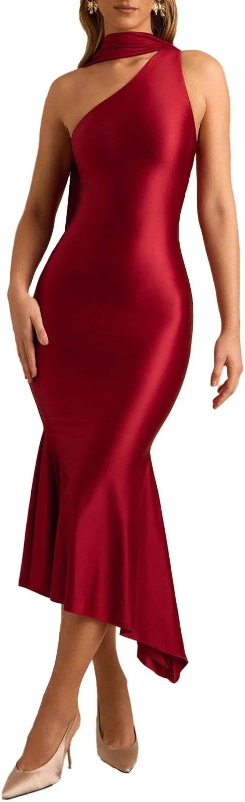 ABYOVRT Women Formal Satin Dress One Shoulder Asymmetrical Scarf Mermaid Hem Midi Dress Cocktail ... | Amazon (US)
