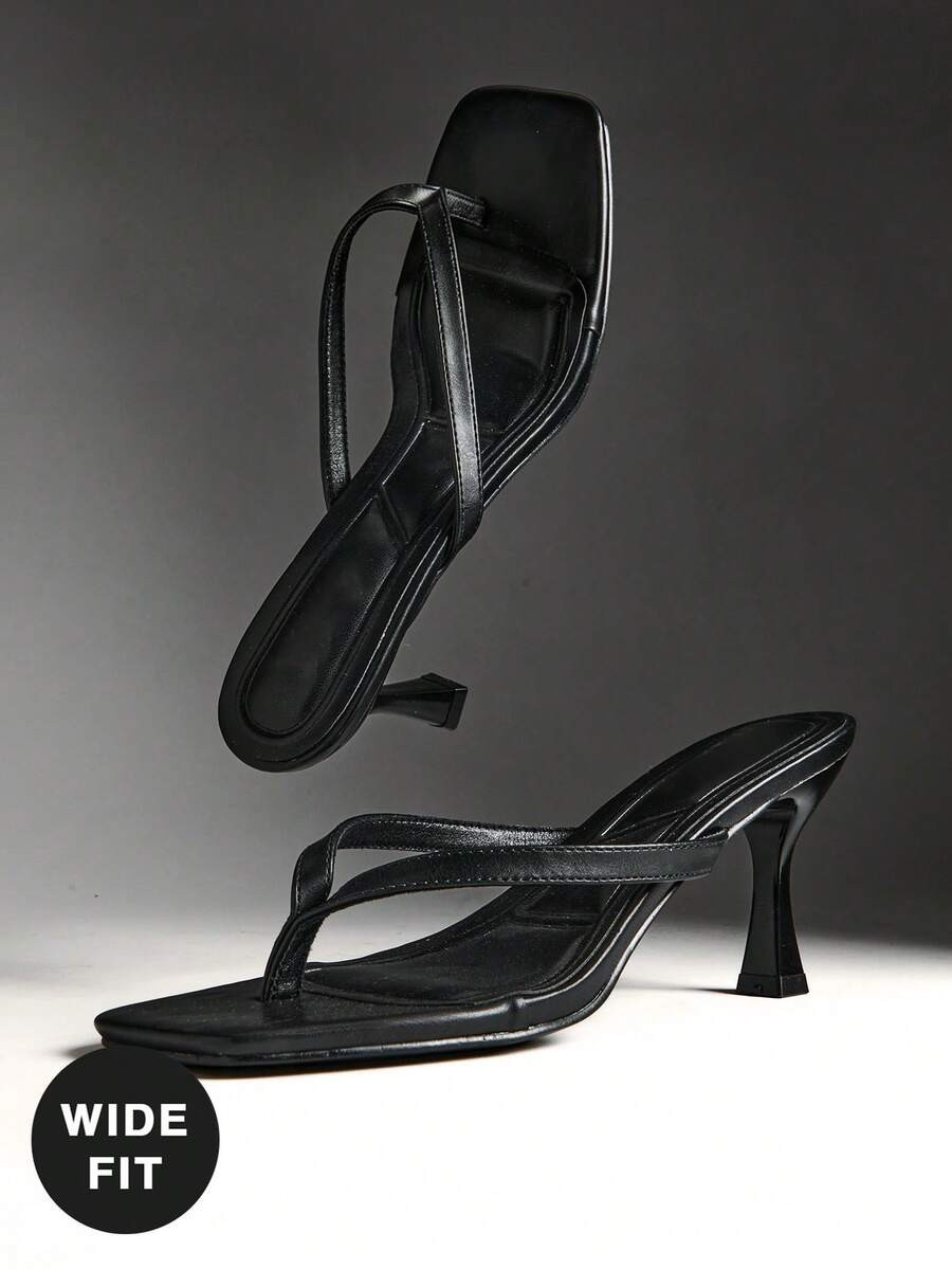 Denimoi Wide-Fit Women Comfortable Kitten Heel Square Toe Thong Heeled Sandals For Christmas Wide... | SHEIN