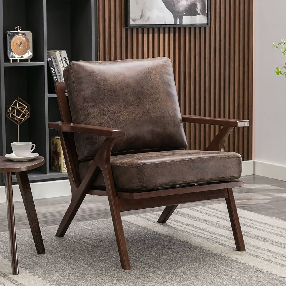 Bonzy Home Mid-Century Modern Accent Chair, Upholstered PU Leather Armchair with Solid Wood Frame... | Amazon (US)