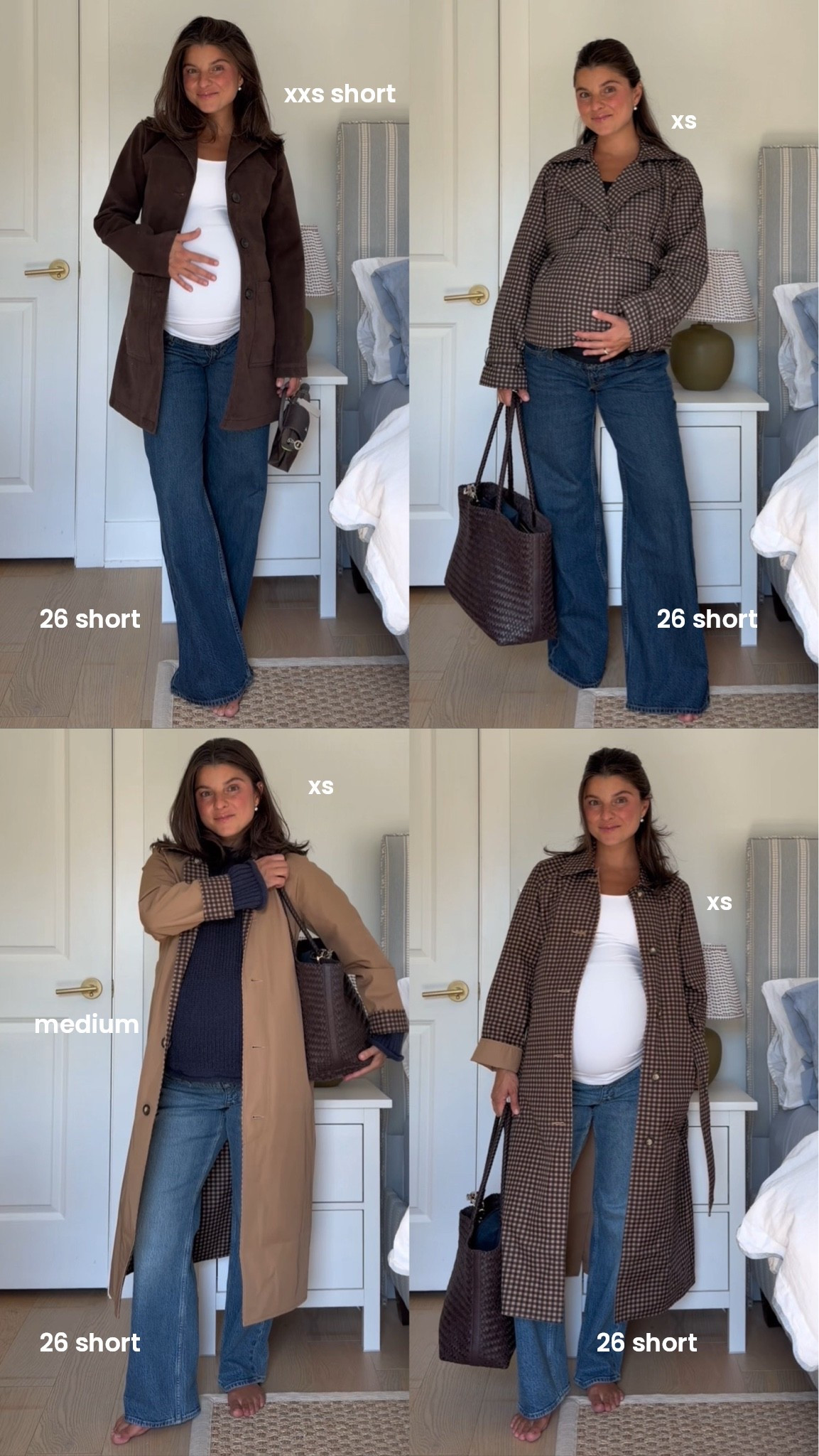 [9/9/26] fall outfit inspo at 39 weeks pregnant 🤎both jeans are maternity and all sizing below! Bottom trench jacket is reversible! 

Sizing: 
• Longline Vegan Suede Jacket - xxs short 
• Wide Leg Maternity Jean - indigo, 26 short 
• Short Belted Trench Coat - xs 
• 100% Cotton 2-in-1 Reversible Long Mac Coat - carmel, xs 
• 100% Cotton Roll Neck Crew Sweater - medium

#LTKBump #LTKSeasonal #LTKootd