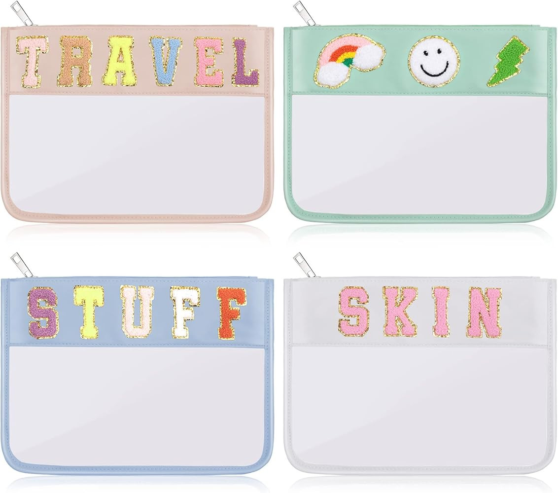Amazon.com: 4 Pcs Chenille Letter Bag Chenille Letter Pouch Monogram Clear Zipper Pouch Cosmetic ... | Amazon (US)
