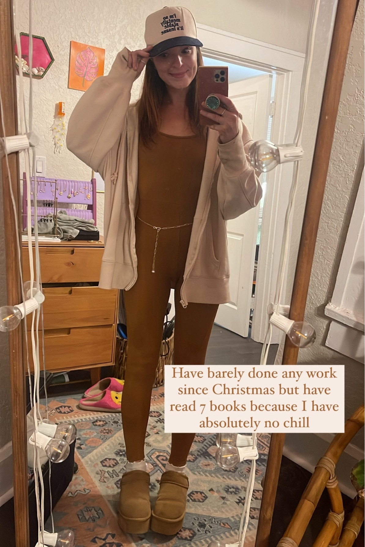 New uniform is a jumpsuit/romper/bodysuit with a hoodie or zip up (either cropped or oversized) and my cutie platform slippers! Loving this new trucker hat that I got for Christmas 🥰 

#jumpsuit #romper #bodysuit #targetstyle #amazondupe #uggdupe #dupes #truckerhat #hoodie #zipup #loungewear #athleisure 

#LTKfindsunder100 #LTKfindsunder50 #LTKstyletip