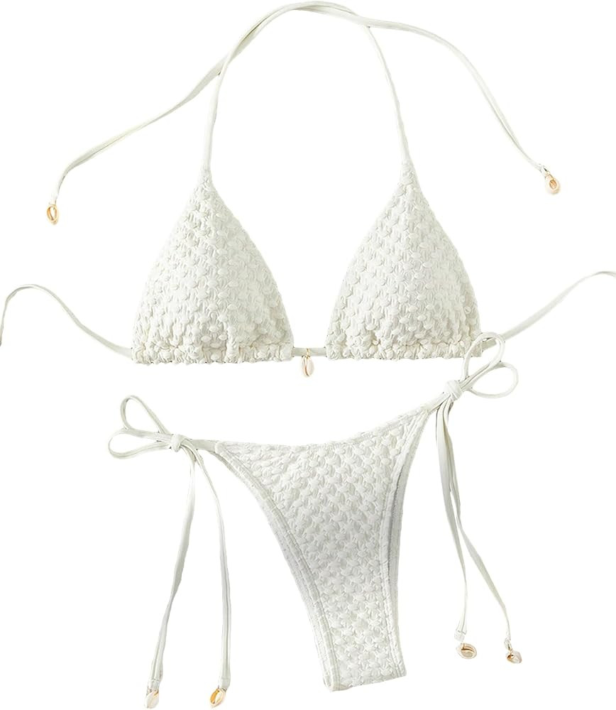 SHENHE Women's 2 Piece Halter Swimsuit Textured Tie Side Triangle Bikini Bathing Suit | Amazon (US)