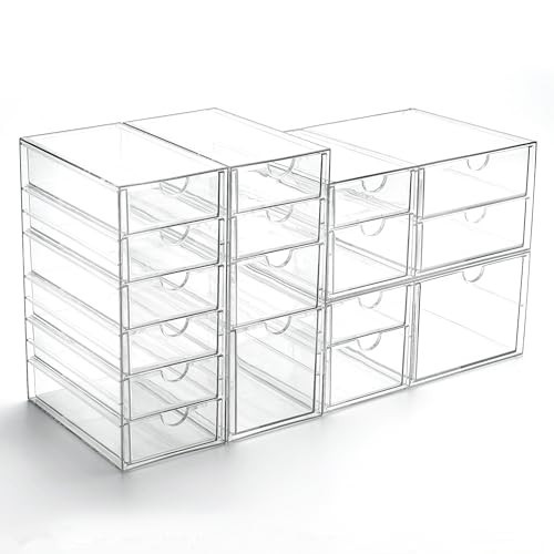 Prsildan Acrylic Drawer Organizer with 17 Drawers, Craft Office Desk Makeup Organizers Accessories, Set of 4 Clear Stackable Storage Drawers for Vanity, Countertop, Jewelry, Art Supply Organization | Amazon (US)