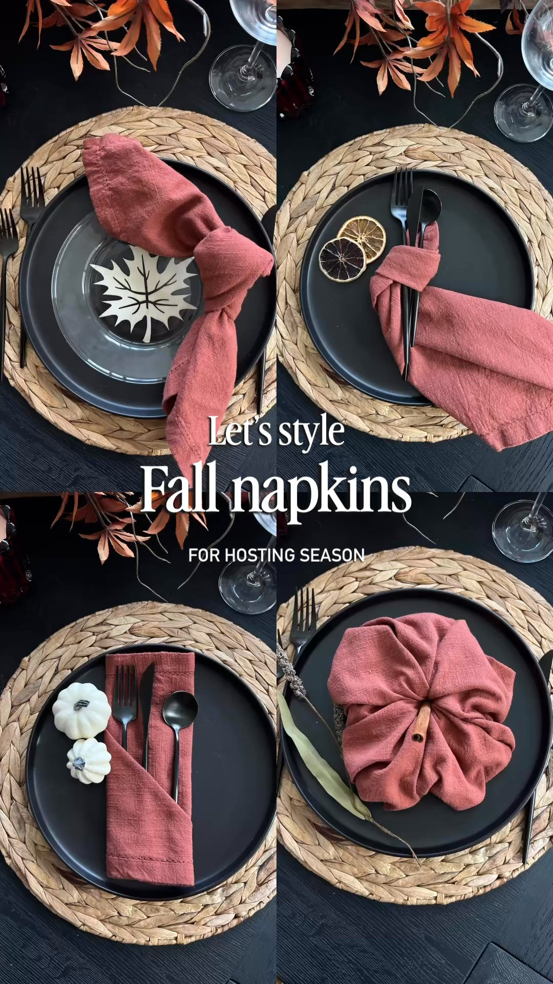 Fall napkins, rust cloth napkins, terracotta napkins, autumn table linens, fall napkin folding ideas, pumpkin napkin fold, napkin rings, cinnamon sticks, black dinner plates, black flatware, woven chargers, natural woven placemats, clear stemware, glass leaf accent plates, mini white pumpkins, dried orange slices, fall foliage garland, autumn centerpiece, wood centerpiece bowl, amber candle holders, fall table decor, moody fall tablescape, Thanksgiving table setting, fall hosting essentials, seasonal entertaining.

#LTKSeasonal #LTKHome #LTKSaleAlert