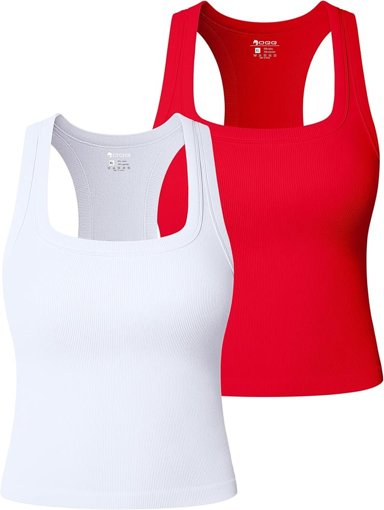 OQQ Women's Tank Top 2-Piece Ribbed Samless Square Neck Sleeveless Tops Stretchy Casual Going Out... | Amazon (US)